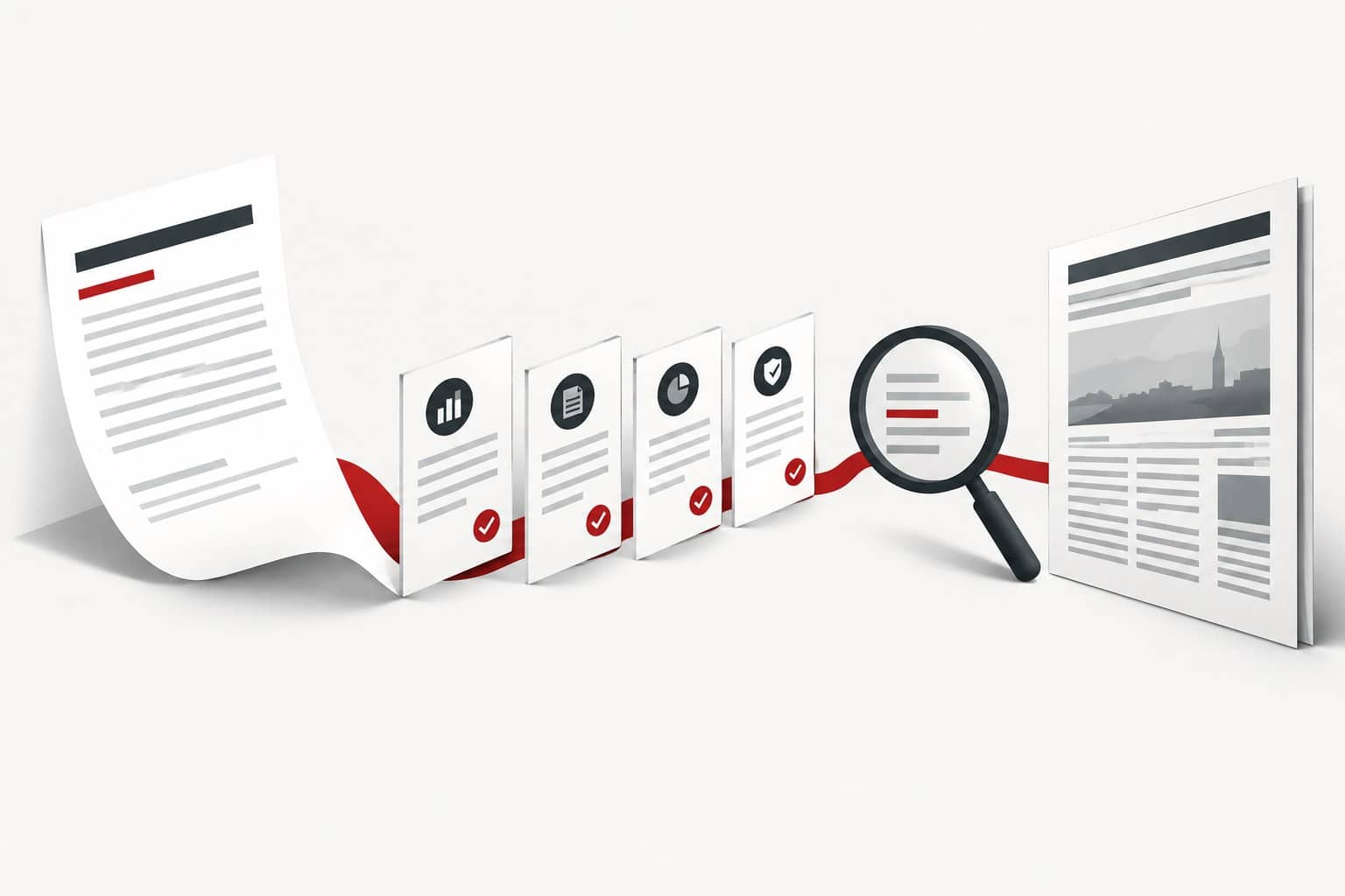 Suchmaschinenoptimierte Pressemitteilung: Was 2026 wirkt 1 KI-generierte Visualisierung: Eine sachliche Presseinformation führt über belegte Fakten zu einer unabhängigen redaktionellen Geschichte.