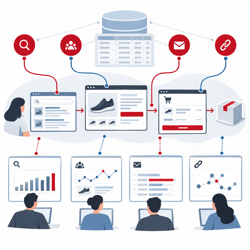 Website-Analyse-Tools 2026: Vergleich & Entscheidungshilfe 1 Illustration: Website- und E-Commerce-Analyse über mehrere Kontaktpunkte hinweg