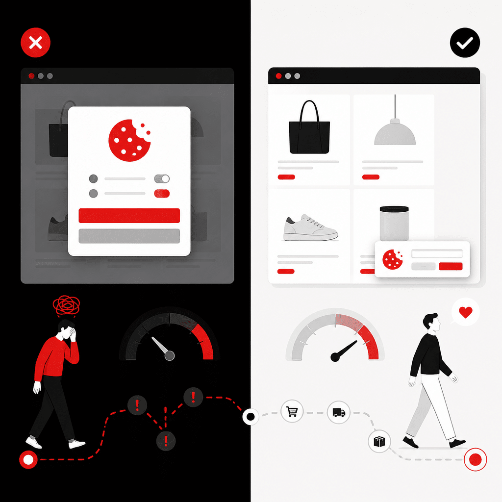Google Ranking für Online Shops: Welchen Einfluss haben Cookie-Banner auf SEO? 2 KI-generierte Illustration zum Zusammenspiel von Cookie-Banner, SEO und Nutzererlebnis