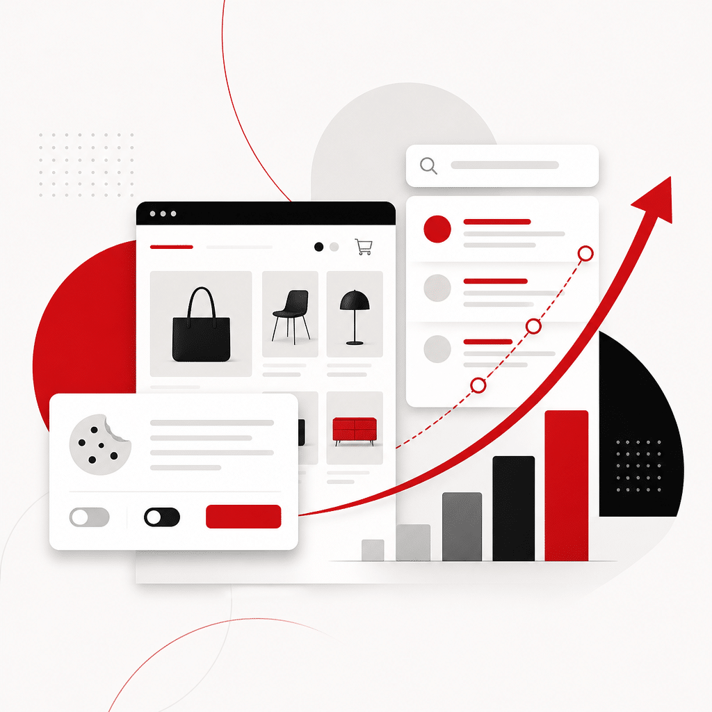 Google Ranking für Online Shops: Welchen Einfluss haben Cookie-Banner auf SEO? 1 KI-generierte Illustration zu Google Ranking, Online-Shop und Cookie-Banner