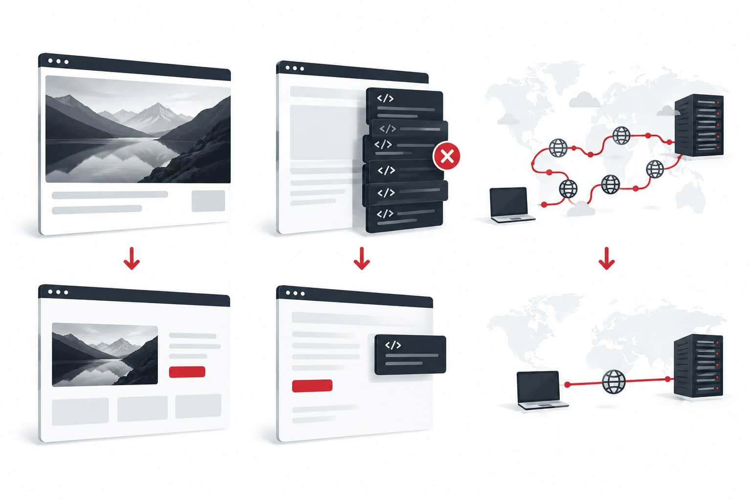PageSpeed messen und verbessern: Core Web Vitals, Tools & CMS 3 KI-generierte Illustration mit drei PageSpeed-Bremsen: übergroßes Bild, blockierendes JavaScript und langsamer Server; daneben vereinfachte Lösungsansätze