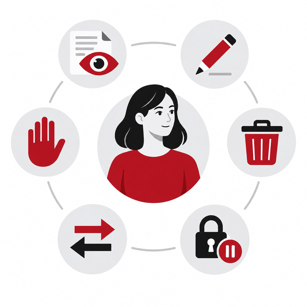 DSGVO-Checkliste für Webseiten: Pflichten, Urteile & Entscheidungshilfe 2026 1 Illustration zu den Rechten betroffener Personen: Auskunft, Berichtigung, Löschung, Einschränkung, Datenübertragbarkeit und Widerspruch.