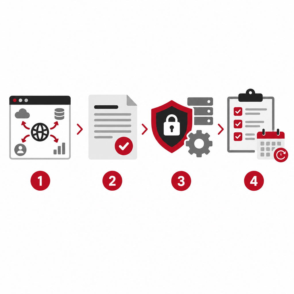 DSGVO-Checkliste für Webseiten: Pflichten, Urteile & Entscheidungshilfe 2026 4 Vier Schritte der Website-Prüfung: Datenflüsse erfassen, Zweck und Rechtsgrundlage zuordnen, Schutzmaßnahmen prüfen und Ergebnisse dokumentieren.