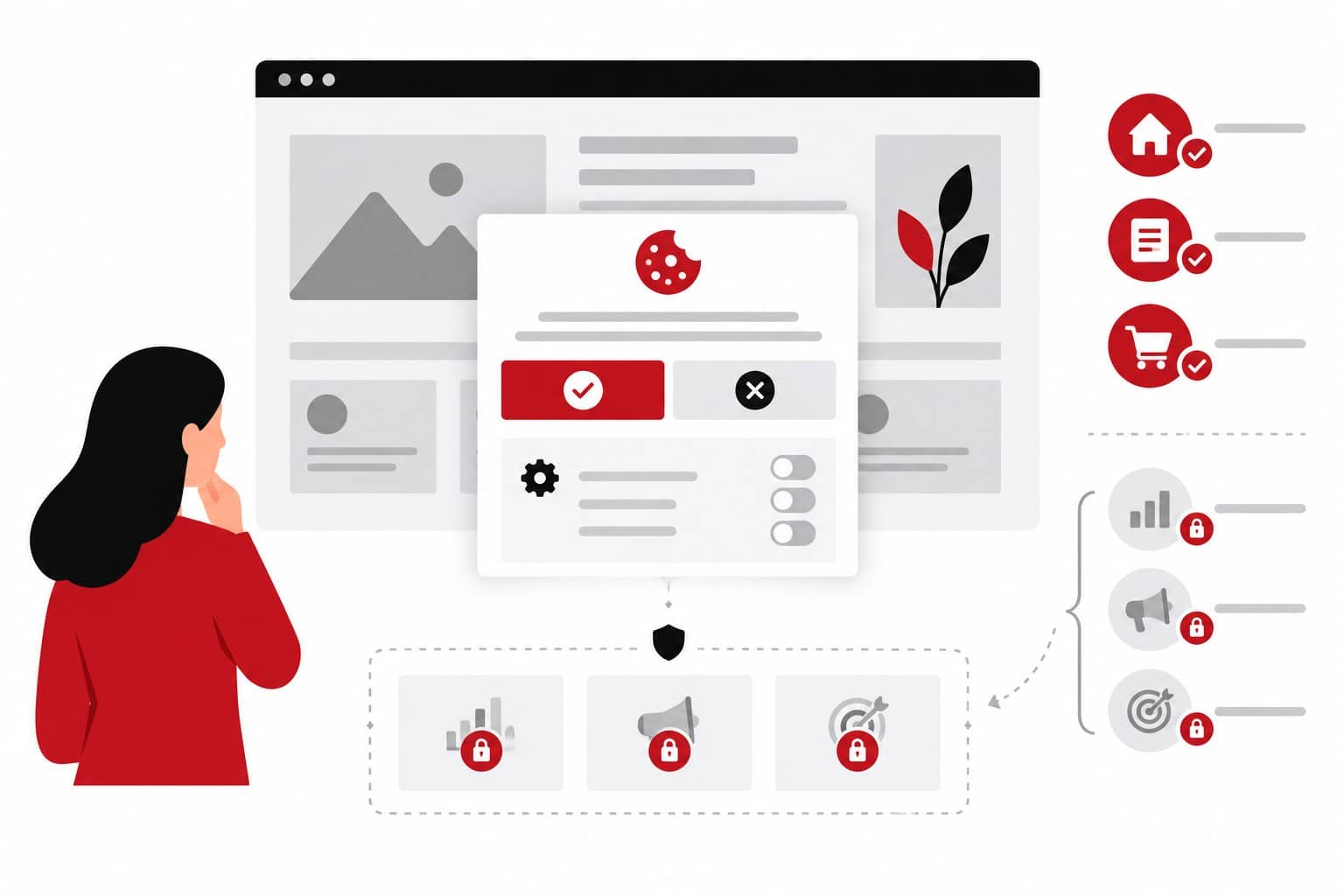 Cookie Consent 2026: DSGVO, Cookies & Tools 2 Illustration: Gleichwertig sichtbare Annahme- und Ablehnoptionen; optionale Skripte warten auf die Auswahl.