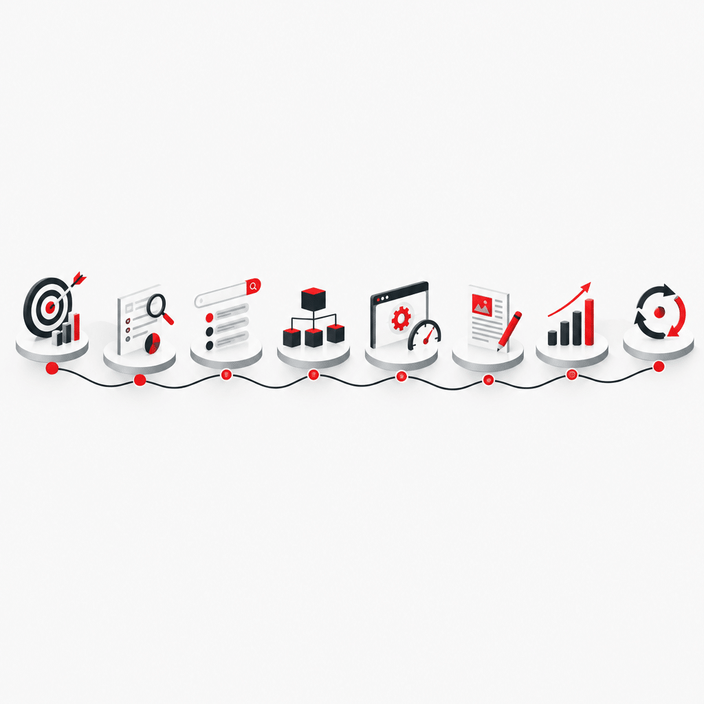 SEO-Strategie entwickeln: 8 Schritte zur Roadmap 2 Visualisierung eines strukturierten SEO-Prozesses von der Analyse bis zur Erfolgsmessung