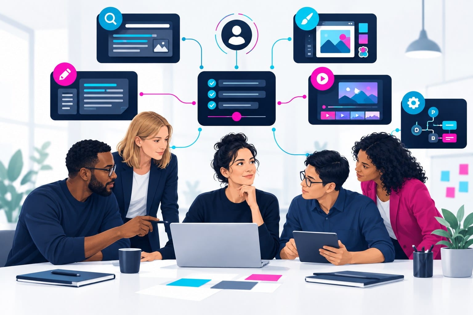 KI-Tools für Marketing 2026: Welche Tools sich wofür eignen 1 Marketingteam ordnet KI-Tools den Aufgaben Recherche, Text, Design, Video und Automatisierung zu