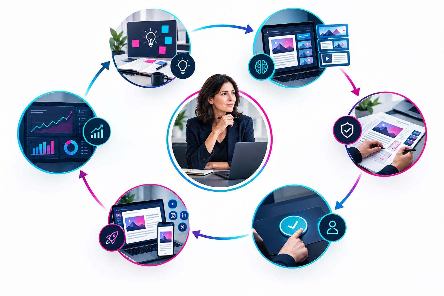 KI-Tools für Marketing 2026: Welche Tools sich wofür eignen 2 Marketing-Workflow von Briefing und KI-Entwurf über menschliche Prüfung bis Veröffentlichung und Messung