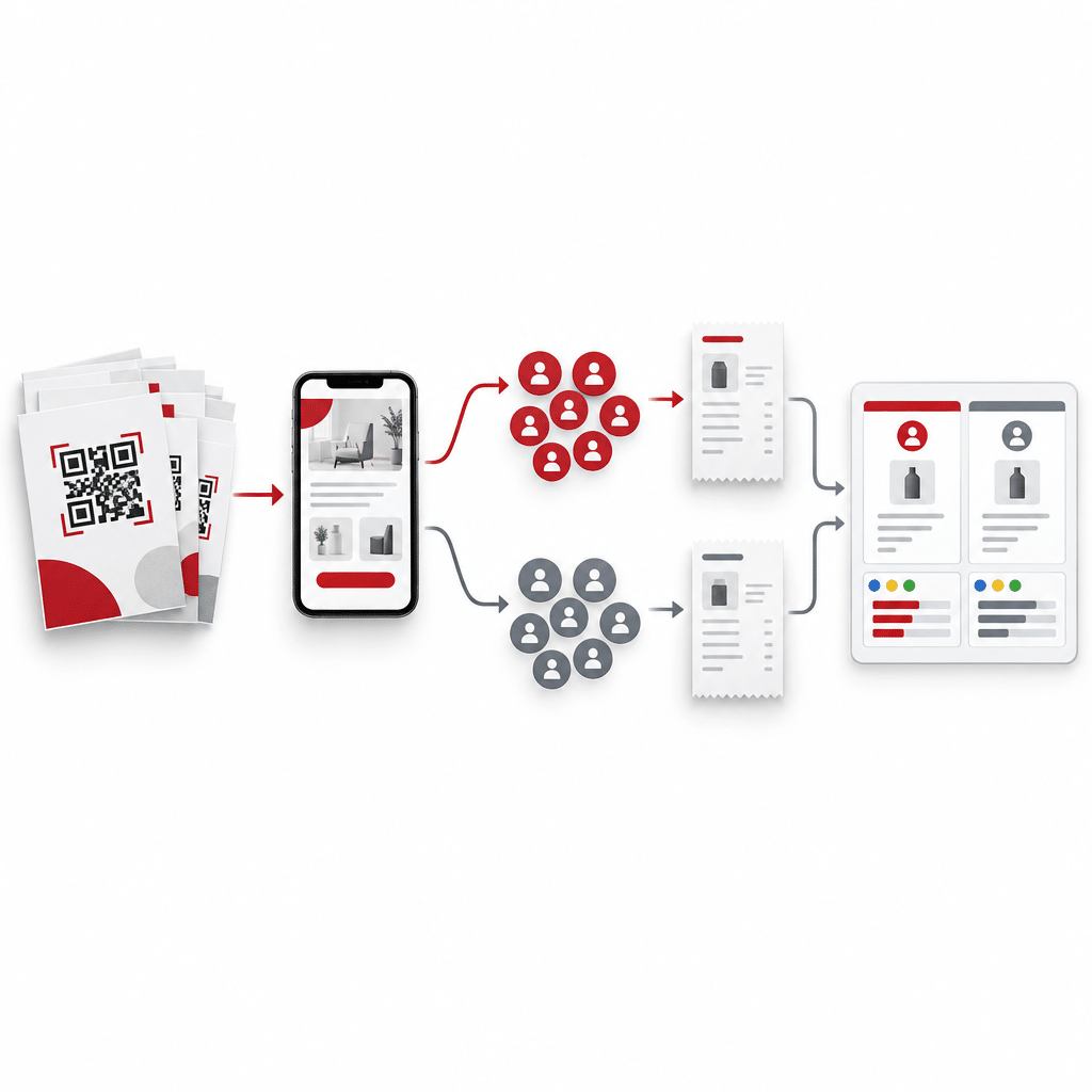 Wie messe ich den Erfolg meiner Werbung? Online, Offline und Hybrid 3 Schematische Darstellung: Mailing mit QR-Code führt zu einer Landingpage; Testgruppe und Kontrollgruppe werden getrennt verglichen