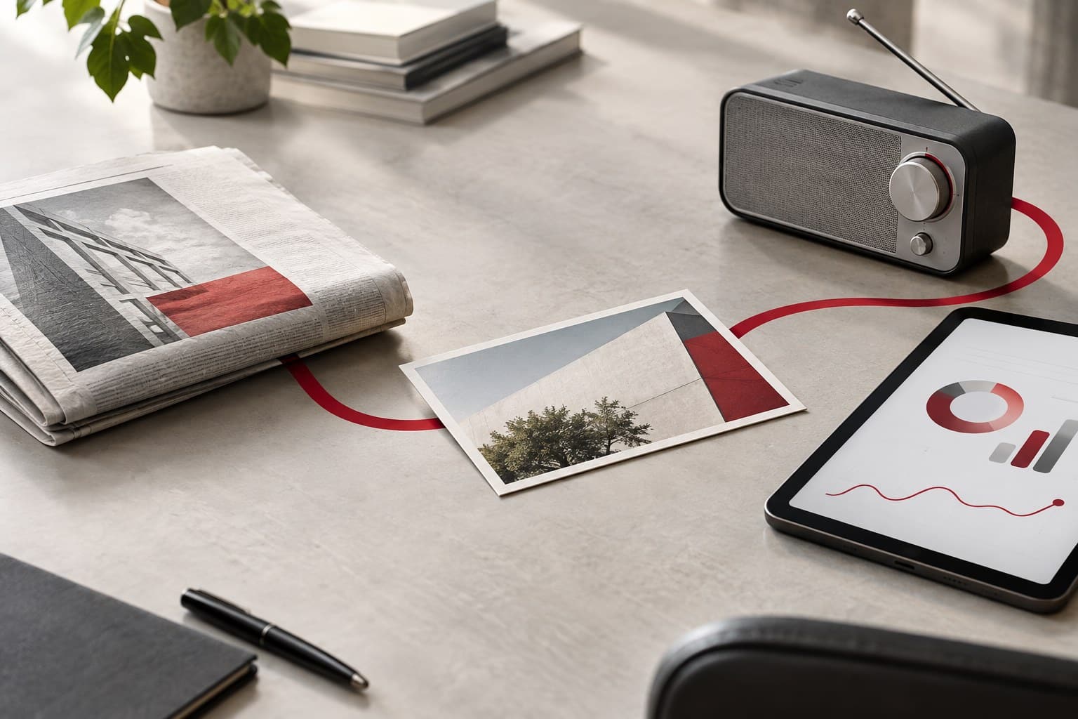 Wie messe ich den Erfolg meiner Werbung? Online, Offline und Hybrid 1 Printmedien, Radio und Smartphone mit Analyse-Dashboard, verbunden durch rote Gestaltungselemente