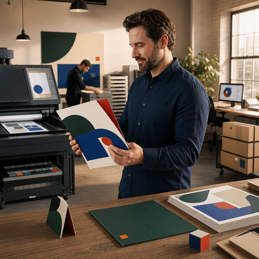 Vier Online-Druckereien, vier Marketingmodelle: FLYERALARM, WIRmachenDRUCK, Onlineprinters und print24 im Vergleich 15 Ein Geschäftskunde betrachtet ein fertiges Printprodukt, während digitale Bestellung, Produktion, Qualitätsprüfung und Versand sichtbar miteinander verbunden sind.