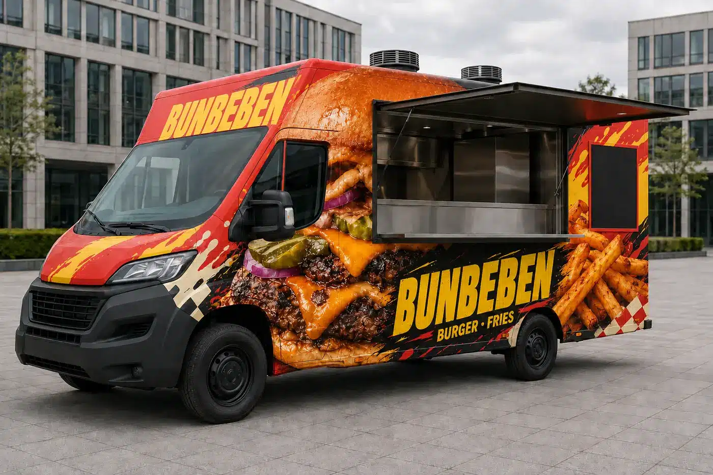 Foodtruck-Design: 9 Regeln, die verkaufen 3 Rotes Burger-Foodtruck-Design Bunbeben mit großer Burger-Fotografie, Pommes und gelber Typografie