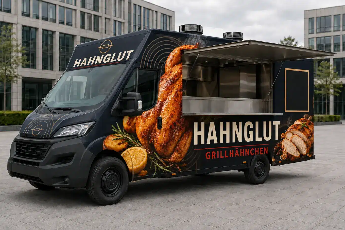 Foodtruck-Design: 9 Regeln, die verkaufen 6 Dunkelblauer Grillhähnchen-Foodtruck Hahnglut mit goldenen Linien und großem gebratenem Hähnchen
