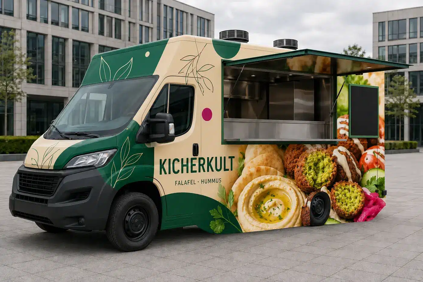 Foodtruck-Design: 9 Regeln, die verkaufen 5 Grün-cremefarbener Falafel-Foodtruck Kicherkult mit Hummus, Falafel, Pita und botanischen Linien