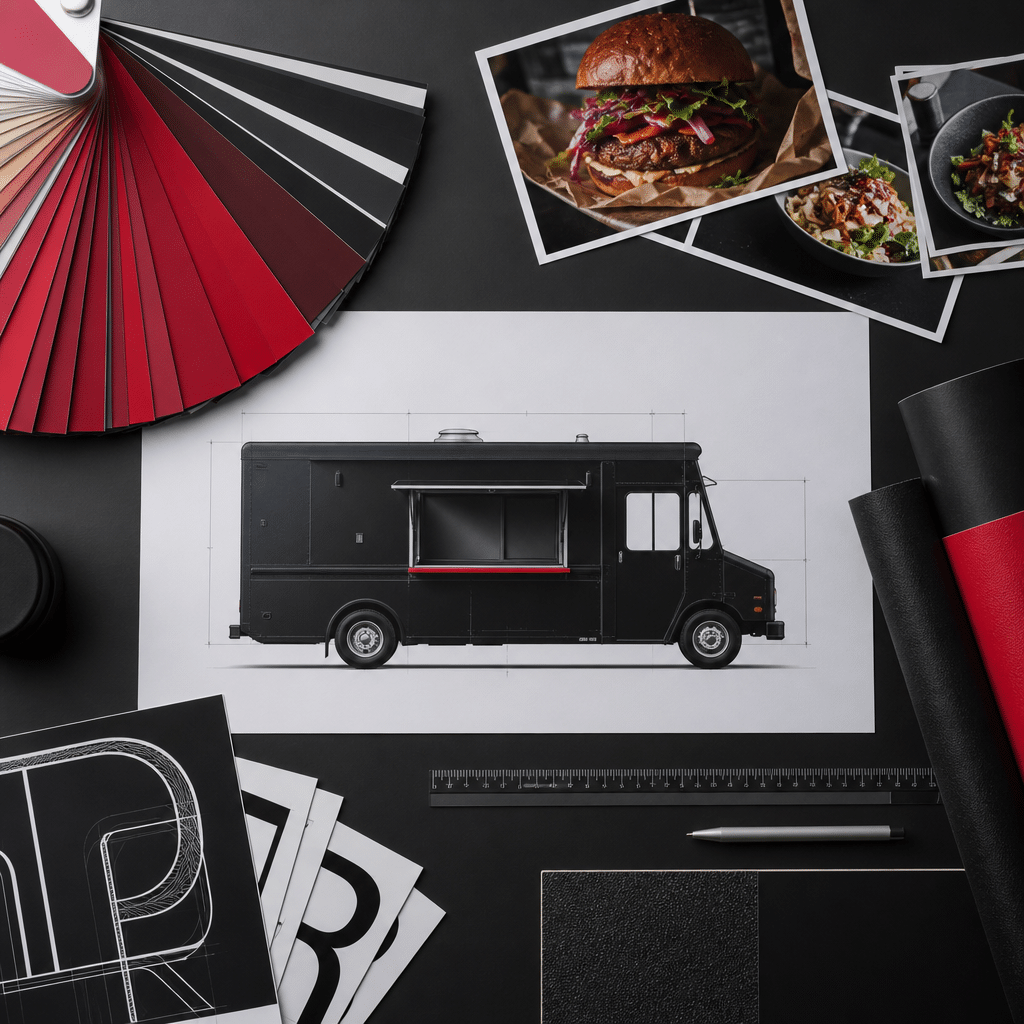 Foodtruck-Design: 9 Regeln, die verkaufen 7 Konzeptboard zur Planung eines Foodtruck-Designs mit Fahrzeugskizze, Food-Fotografie, Farbmustern und Produktionsdetails