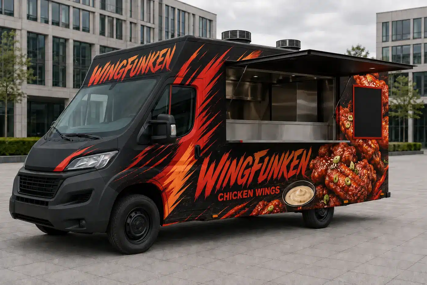 Foodtruck-Design: 9 Regeln, die verkaufen 4 Schwarzer Chicken-Wings-Foodtruck Wingfunken mit roten und orangefarbenen Akzenten und großer Food-Fotografie