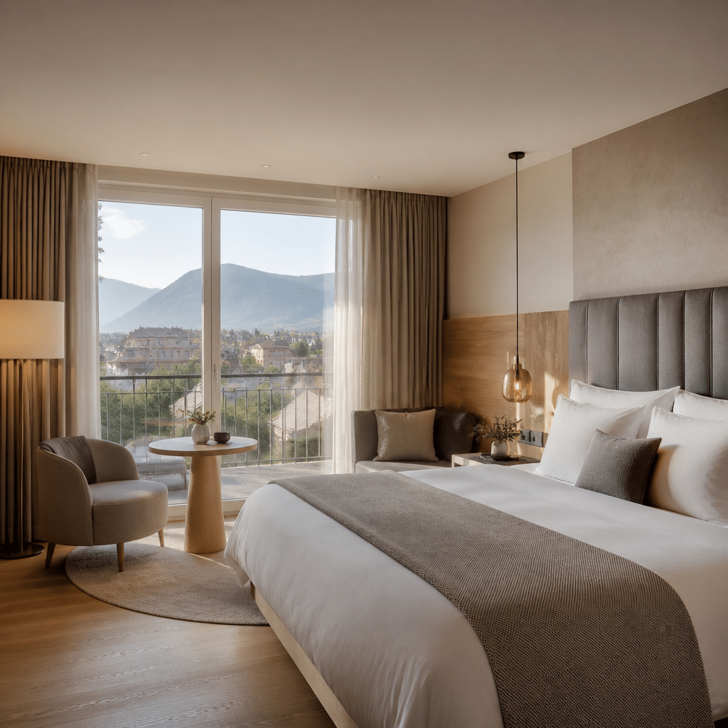 Marketing für Hotels: Mehr Direktbuchungen gewinnen 2 Modernes Boutiquehotelzimmer mit Aussicht und natürlichem Morgenlicht