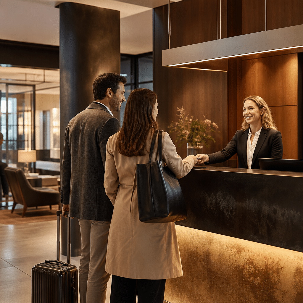 Marketing für Hotels: Mehr Direktbuchungen gewinnen 1 Gäste beim Check-in an der Rezeption eines modernen Boutiquehotels