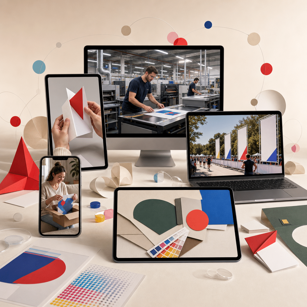 Vier Online-Druckereien, vier Marketingmodelle: FLYERALARM, WIRmachenDRUCK, Onlineprinters und print24 im Vergleich 11 Mehrere Geräte zeigen unterschiedliche textfreie Contentformate aus Produkt, Produktion, Wissen, Kundenbeispielen und Veranstaltungen.