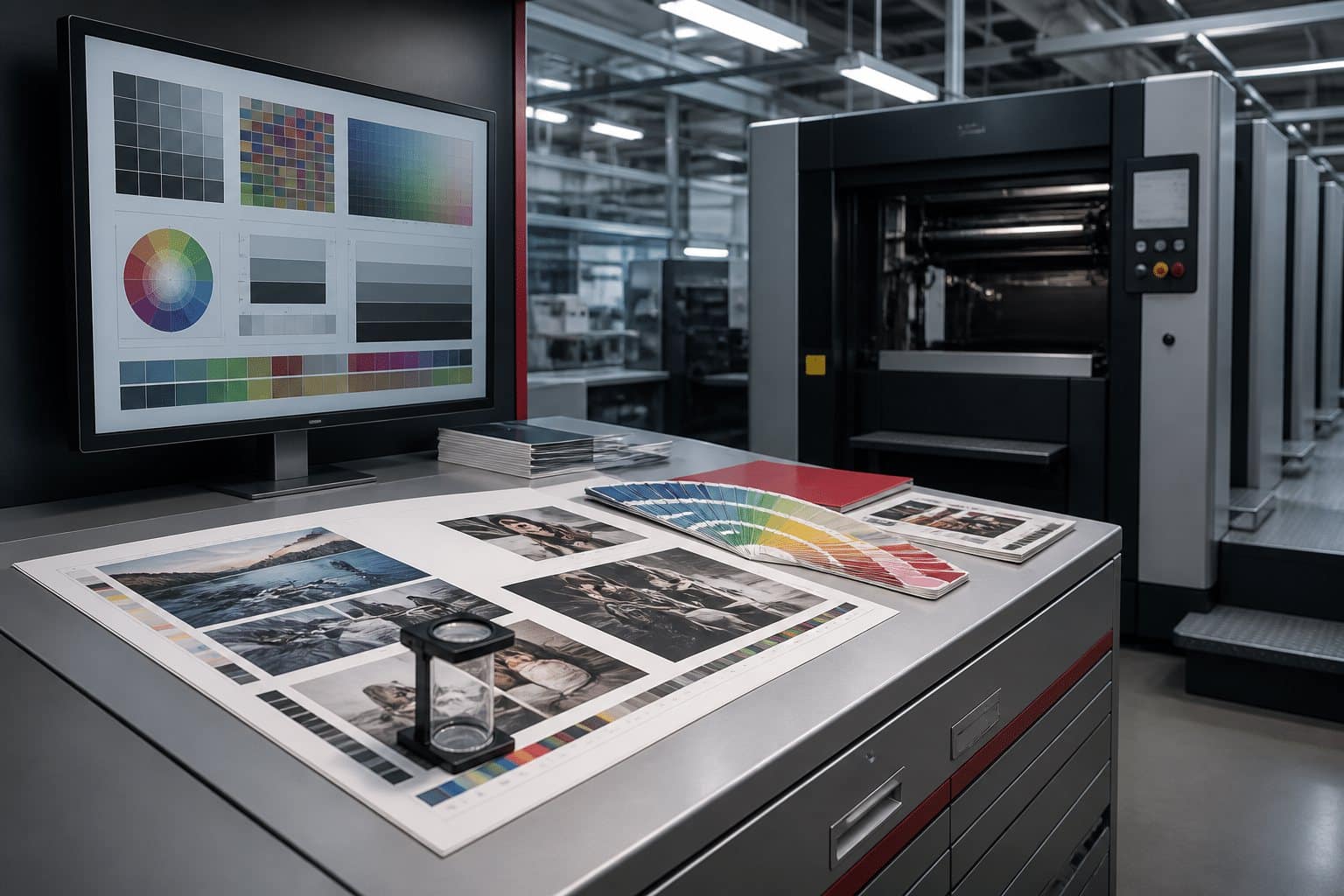 Branche DRUCKEREIEN 9 Prepress-Arbeitsplatz mit Farbprüfung und moderner Druckmaschine