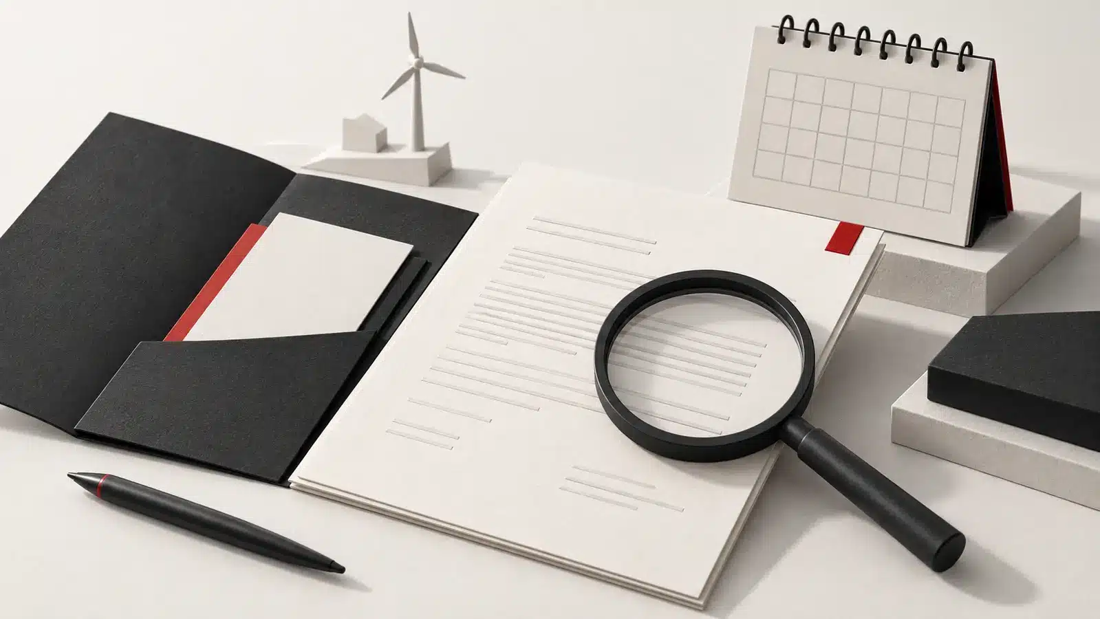 CO₂-Ausstoß von Websites verringern: Maßnahmen und Nachweise 3 Illustration mit Dokument, Lupe und Kalender zur Prüfung von Zeitraum und Umfang eines Klimabeitrags.