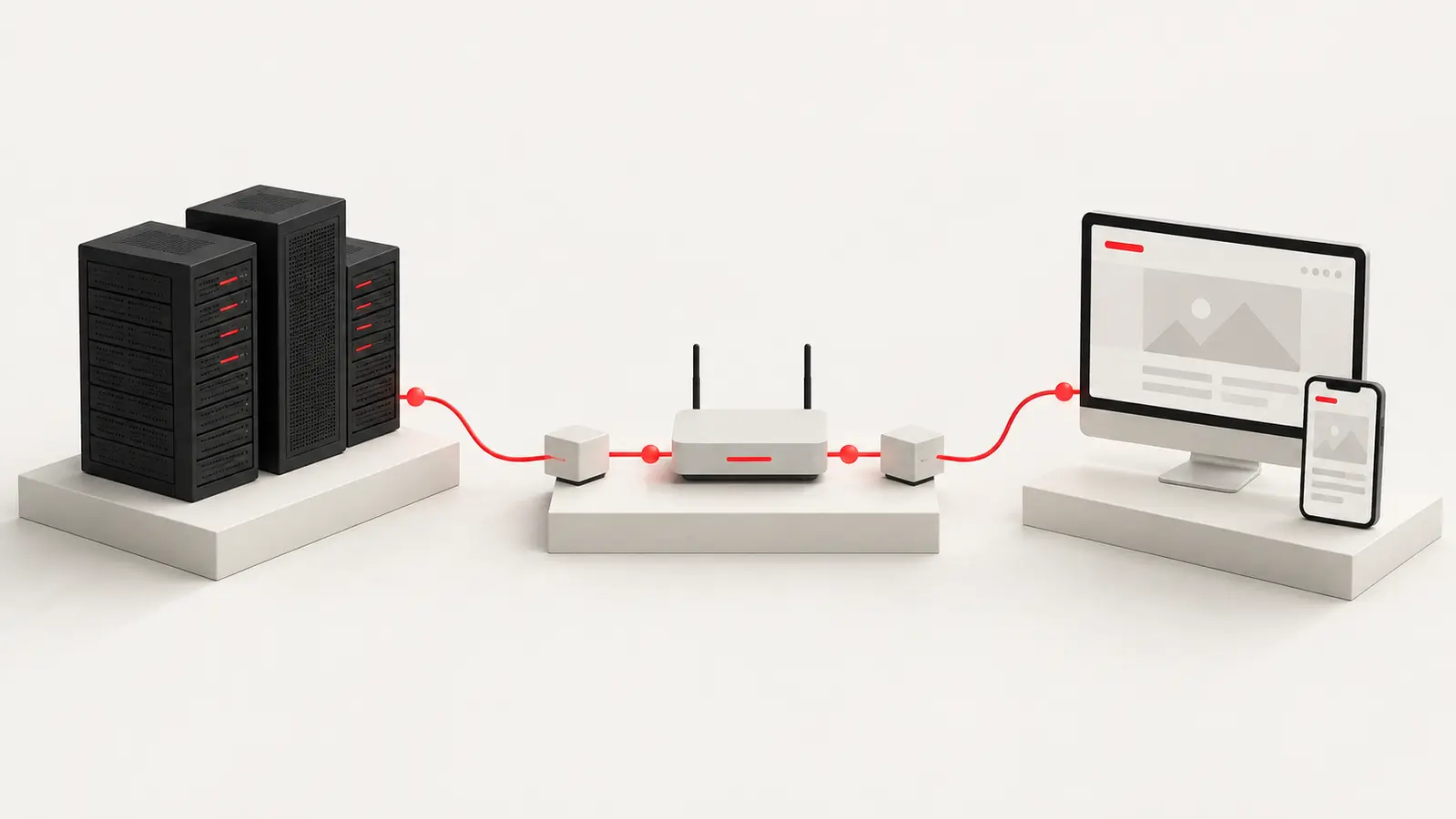 CO₂-Ausstoß von Websites verringern: Maßnahmen und Nachweise 2 Schematische Verbindung zwischen Servern, Übertragungsnetz und Endgeräten als Bestandteile digitaler Emissionsmodelle.