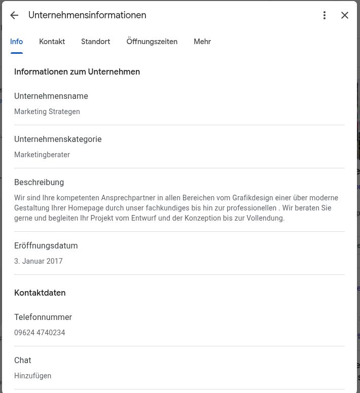 Google Unternehmensprofil optimieren: Anleitung für 2026 2 Dialog Unternehmensinformationen mit Name, Kategorie, Beschreibung und Kontaktdaten