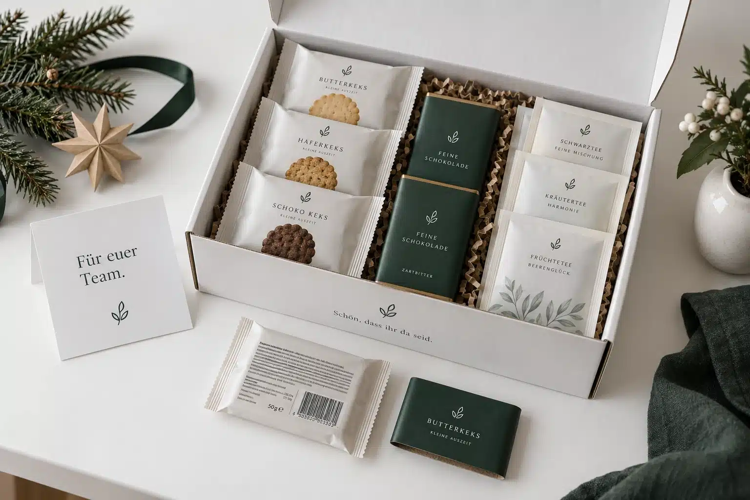 Weihnachtsmailings: Geschenke, die zu Kunden passen 5 KI-Konzept einer grünen Geschenkbox mit einzeln verpackten Keksen, Schokolade, Tee und einer Karte für das Team
