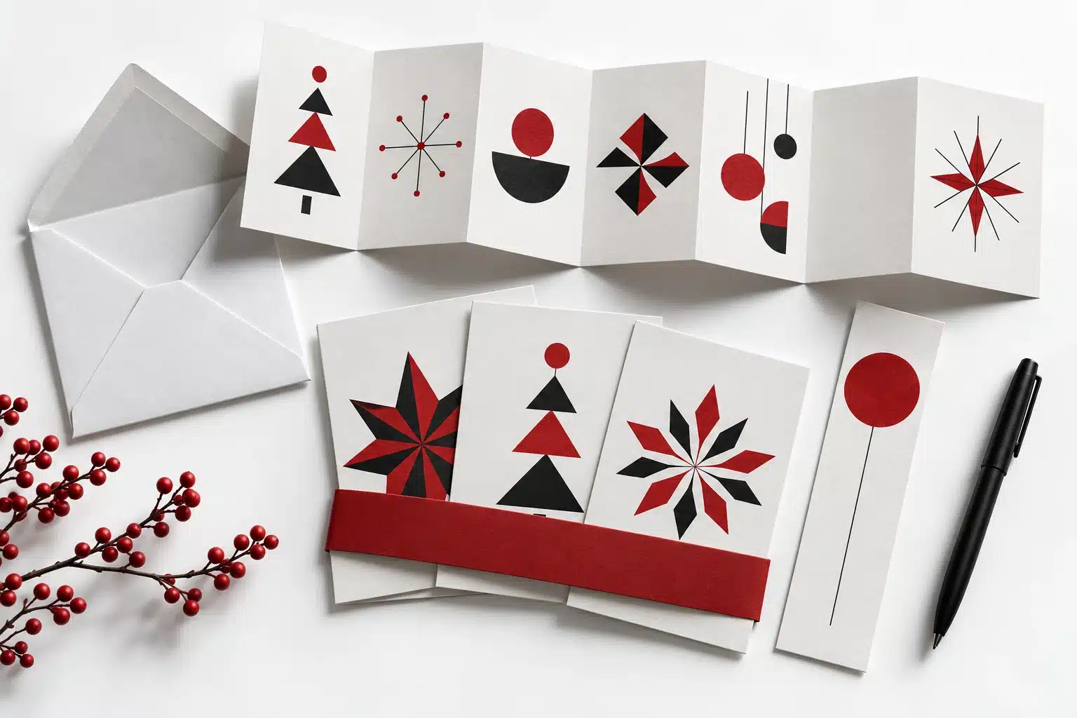 Weihnachtsmailings: Geschenke, die zu Kunden passen 4 Konzept eines flachen Weihnachtsmailings mit Falzkarte, Postkarten, Lesezeichen und roter Banderole