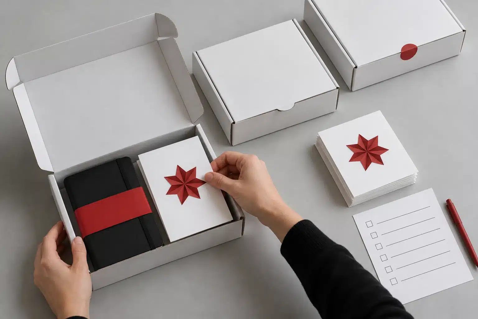 Weihnachtsmailings: Geschenke, die zu Kunden passen 9 Konzeptvisualisierung der Konfektionierung: Eine Grußkarte wird zu einem Notizbuch in eine Versandbox gelegt